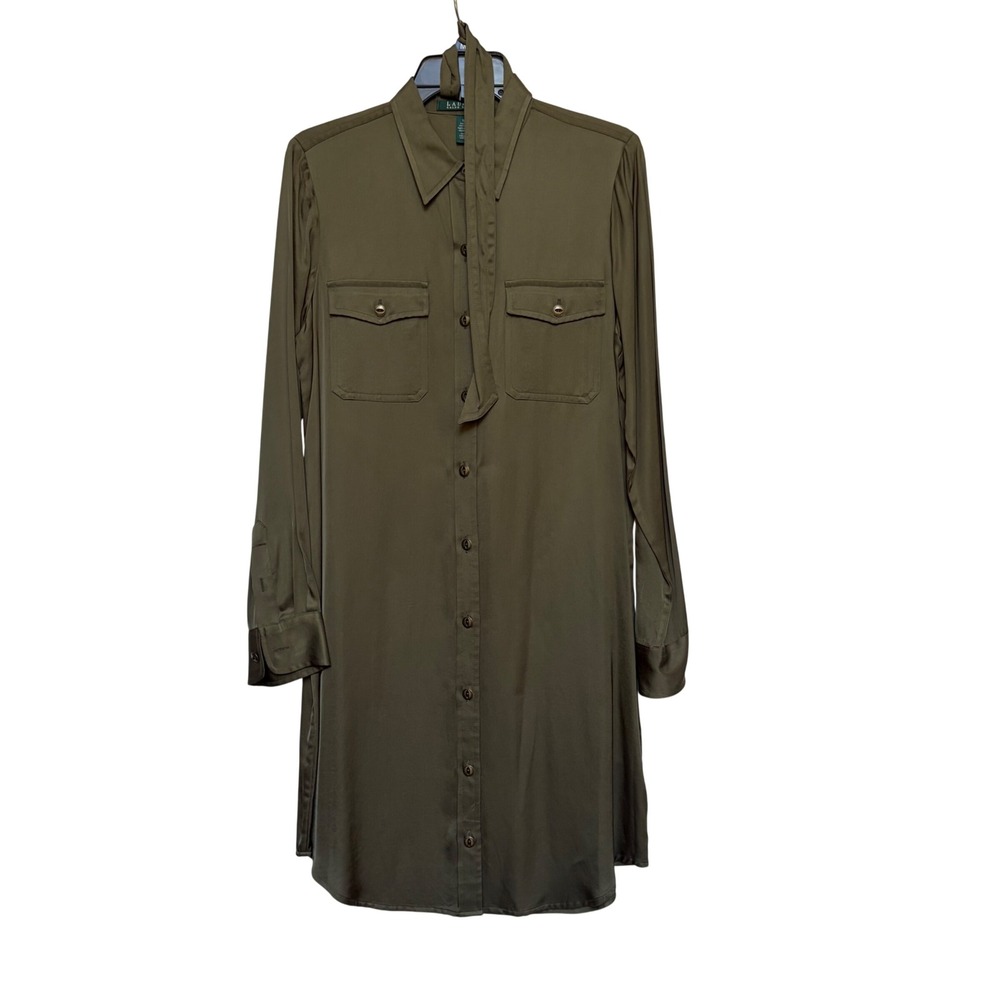 Lauren Ralph Lauren Olive Green Utility Shirt Dress Belted Size 10 Minimalist